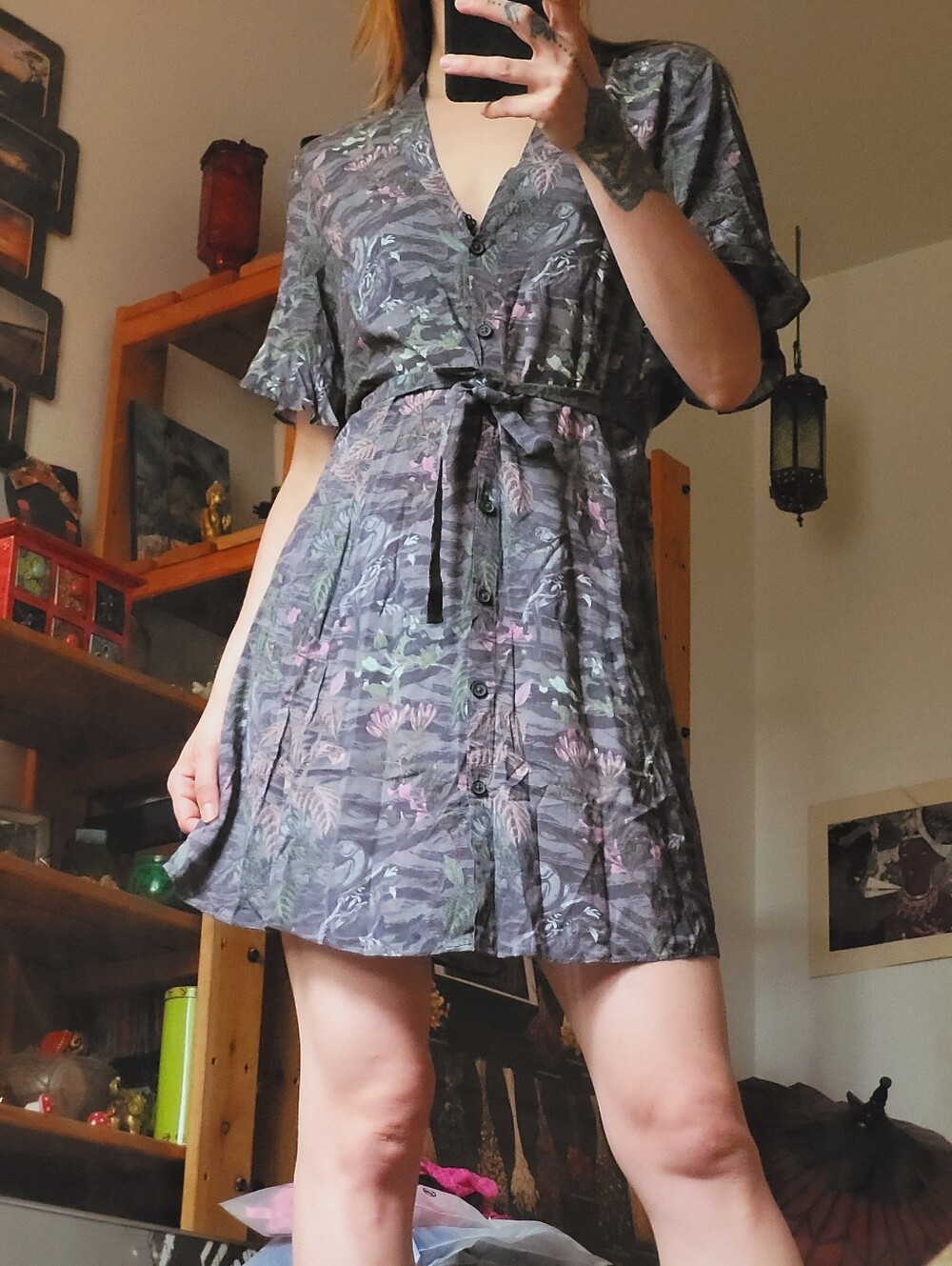 ALLSAINTS Fay Paradeep Tropical Bird Floral Print Mini Gray Dress - M